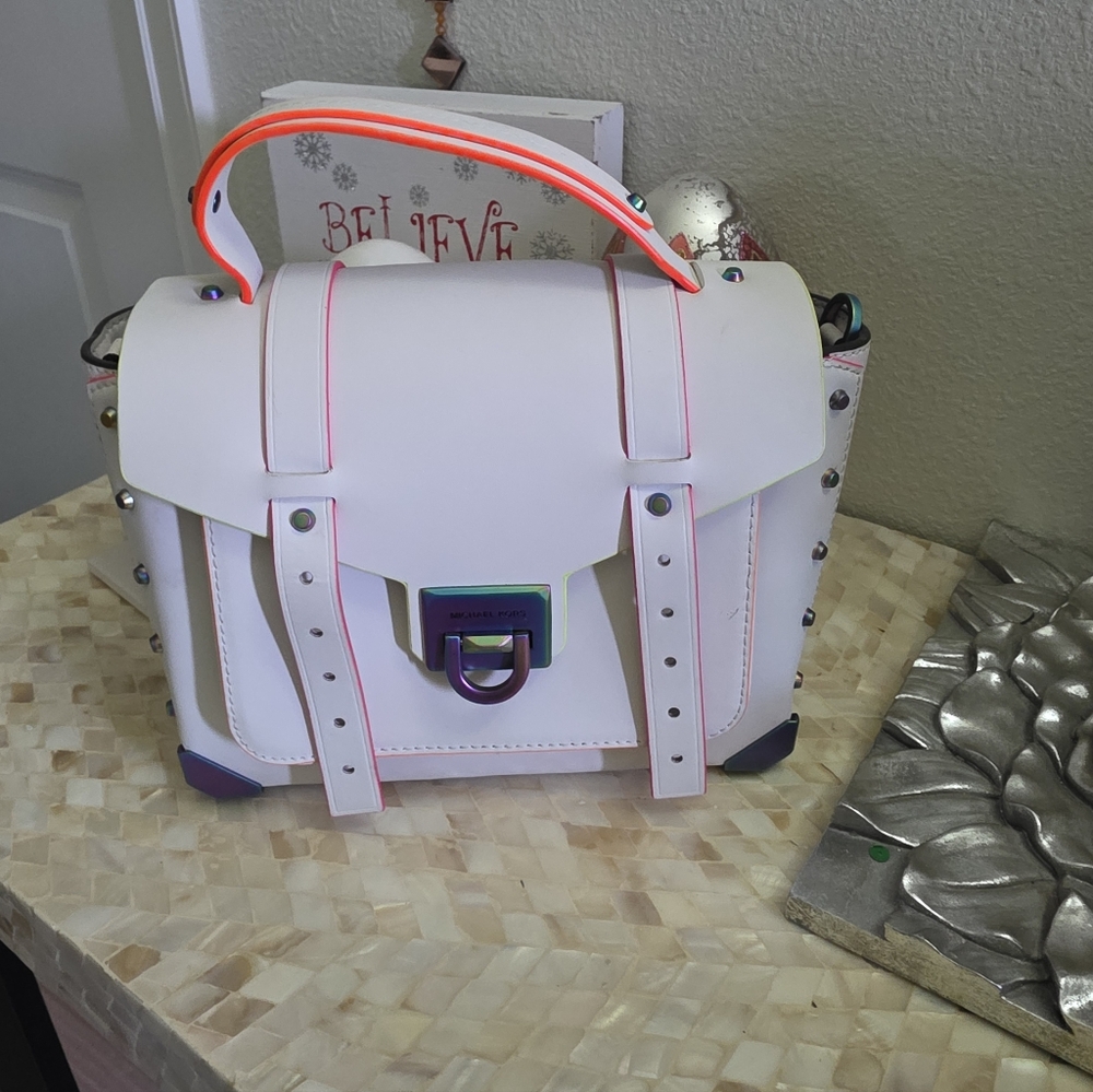 MICHAEL KORS Manhattan White Satchel with Neon Accents **EUC**